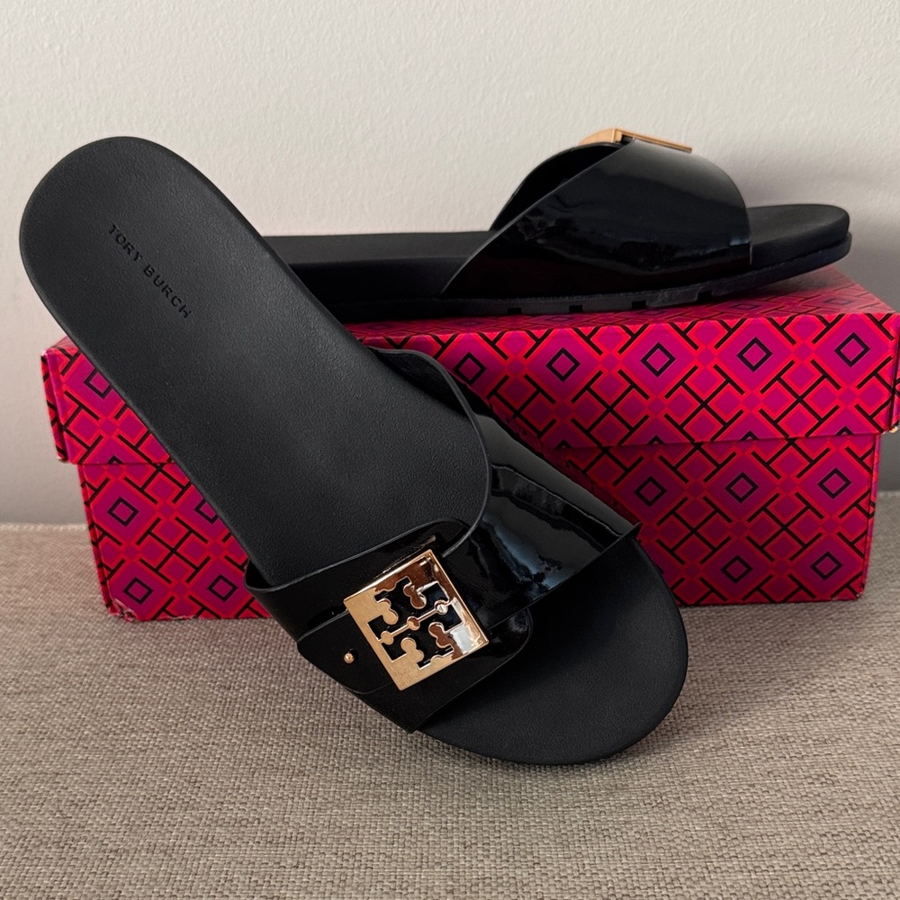 Tory Burch Black Patent Slide Sandals
